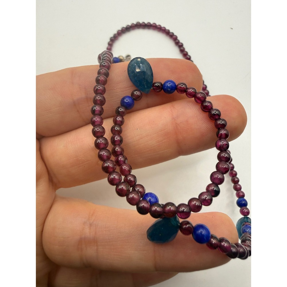 Garnet Lapis Lazuli and Apatite Beaded Necklace Sterling Silver Clasp 16 Inchā